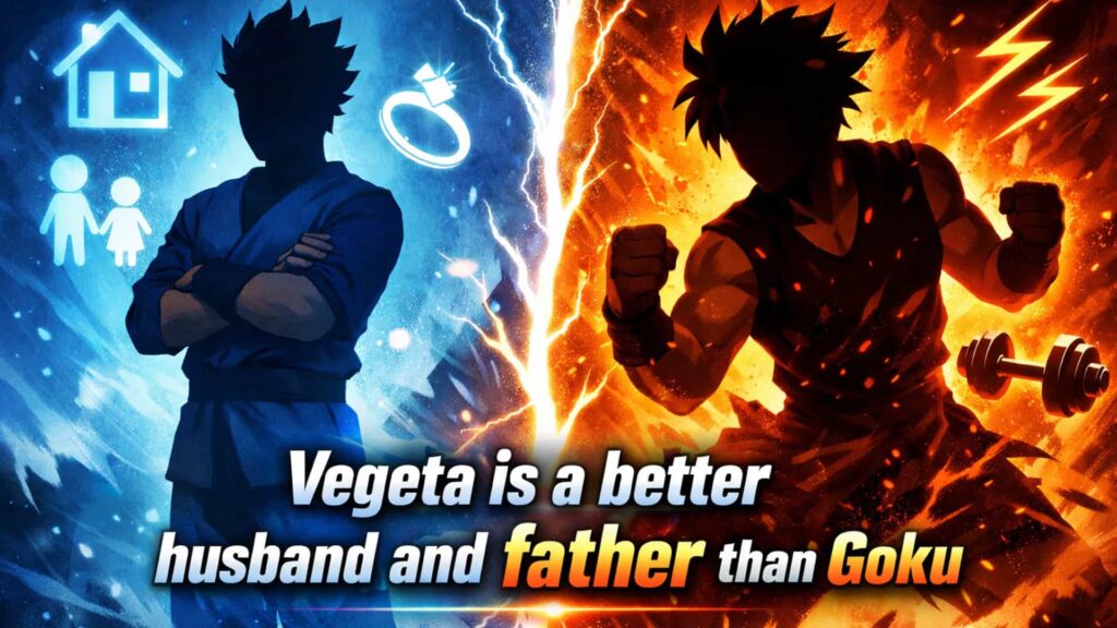 👉 Anime-style illustration comparing Vegeta and Goku as family men, showing why Vegeta is a better husband and father than Goku