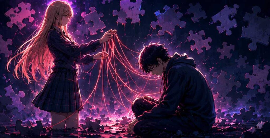 Original anime-style illustration symbolizing emotional attachment and psychological dependency through glowing threads.