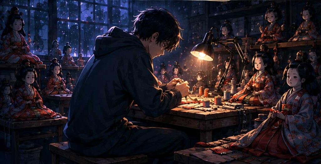 Original anime-style illustration of a lonely teenage boy working alone in a traditional doll workshop.