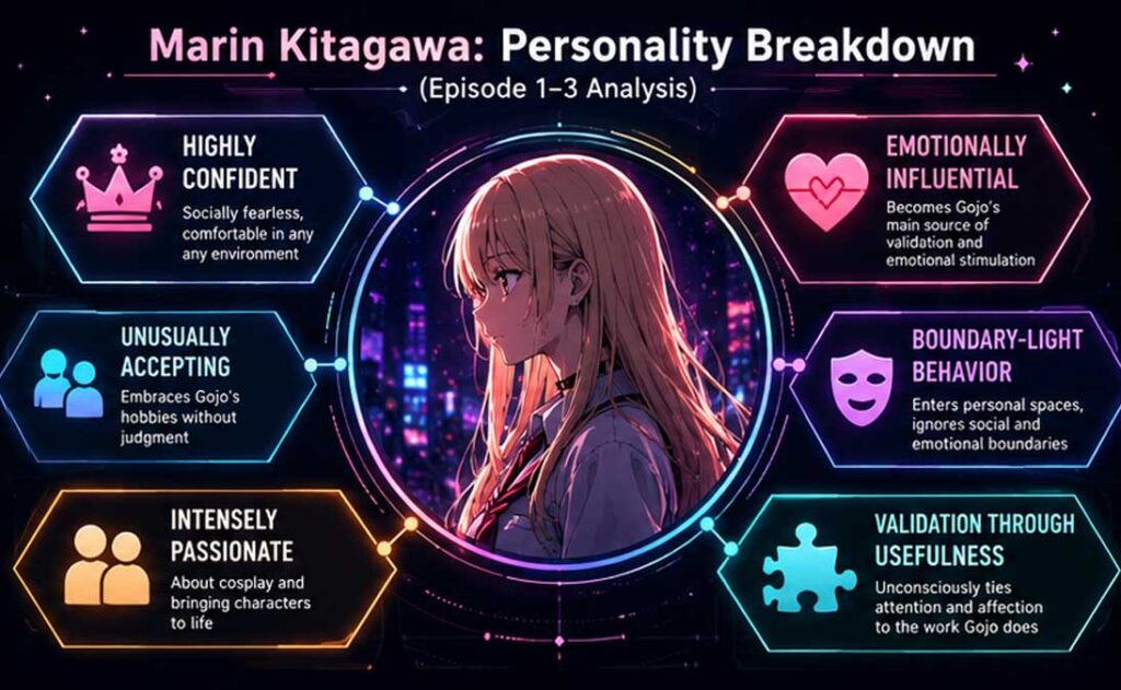 Infographic breaking down Marin Kitagawa's personality traits and emotional influence.