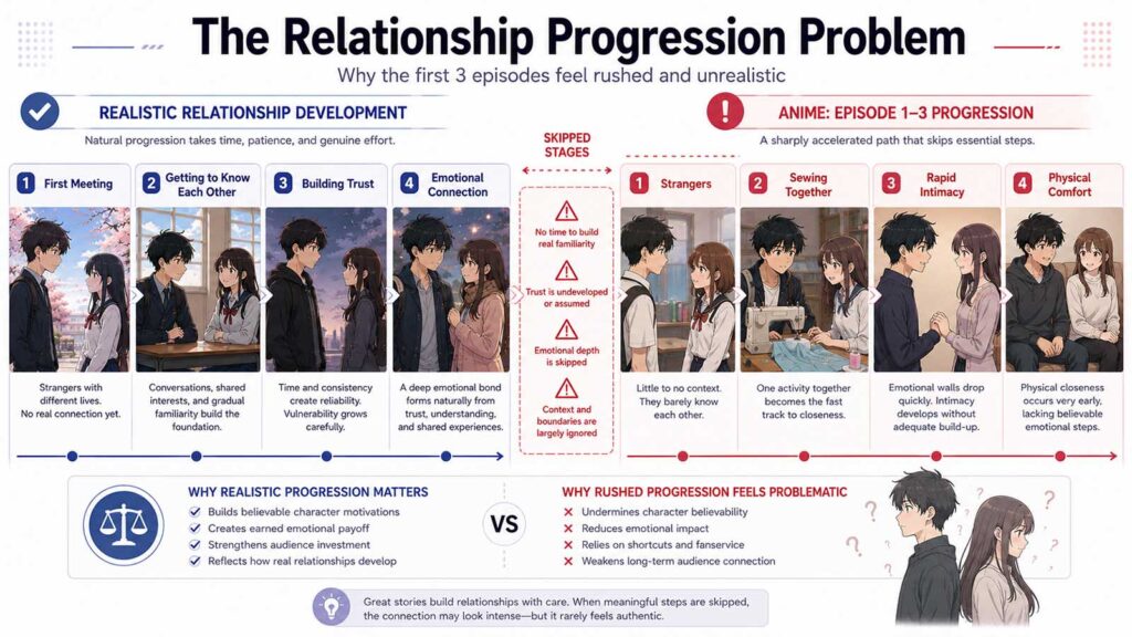 My Dress-Up Darling relationship progression infographic comparing realistic and rushed relationship development
