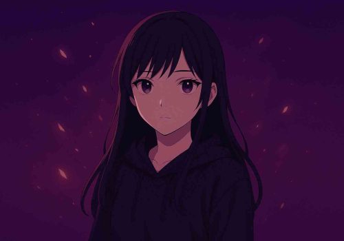 Anime character in a meditative pose surrounded by soft purple tones, symbolizing reflection and purpose.