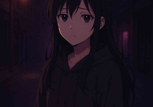 Anime character in a meditative pose surrounded by soft purple tones, symbolizing reflection and purpose.