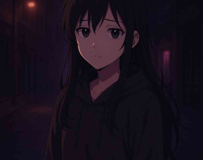 Anime character in a meditative pose surrounded by soft purple tones, symbolizing reflection and purpose.